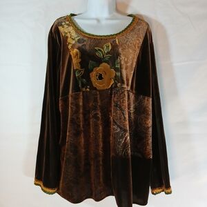 Sag Harbor brown top tg  gold flower velvet mixed media crochet hem  sz L whimsy